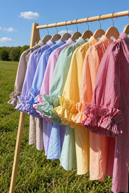 Ruffle Accent Striped Short Puff Sleeve Shirts Top VT83618