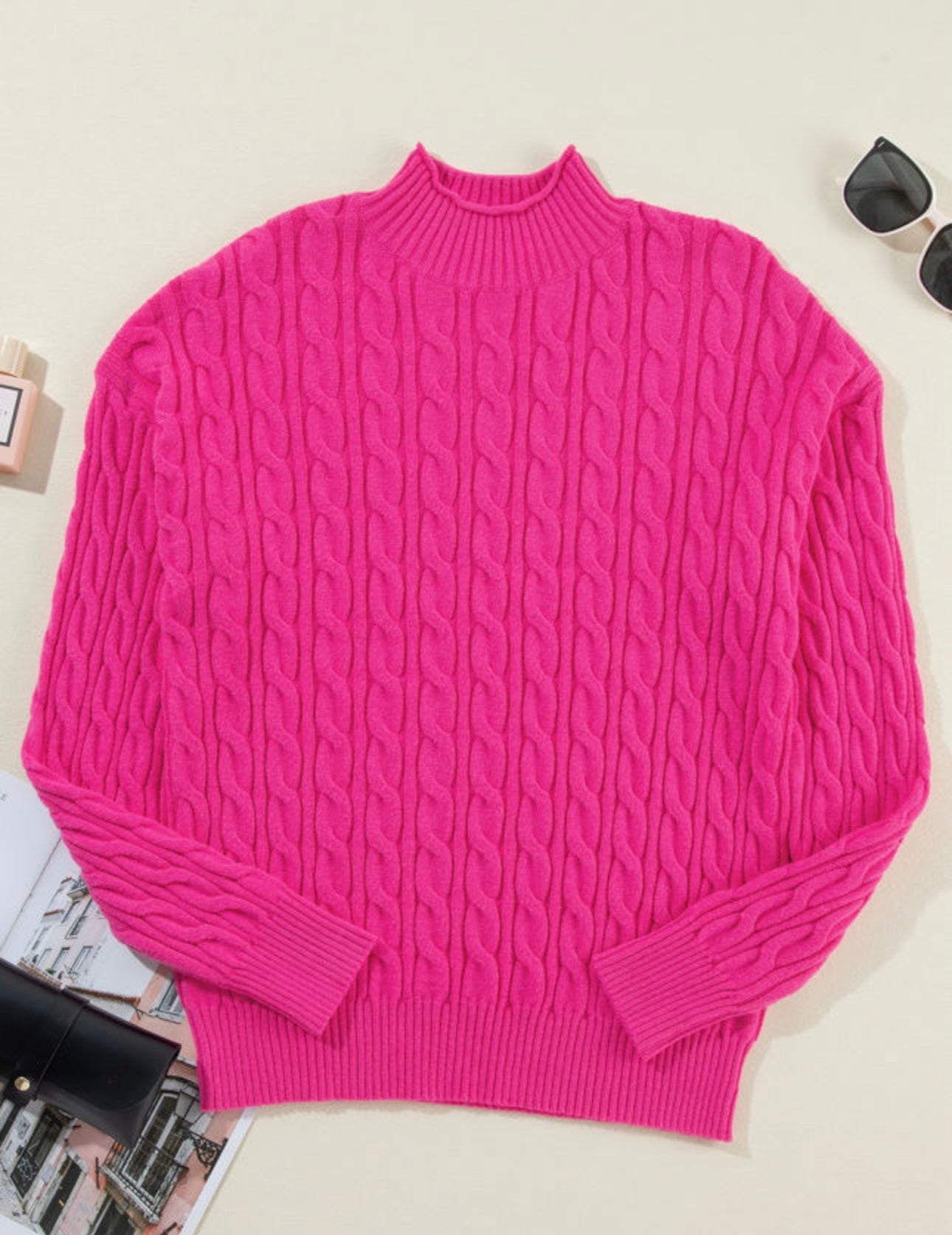 Pink solid cable knit high neck sweater