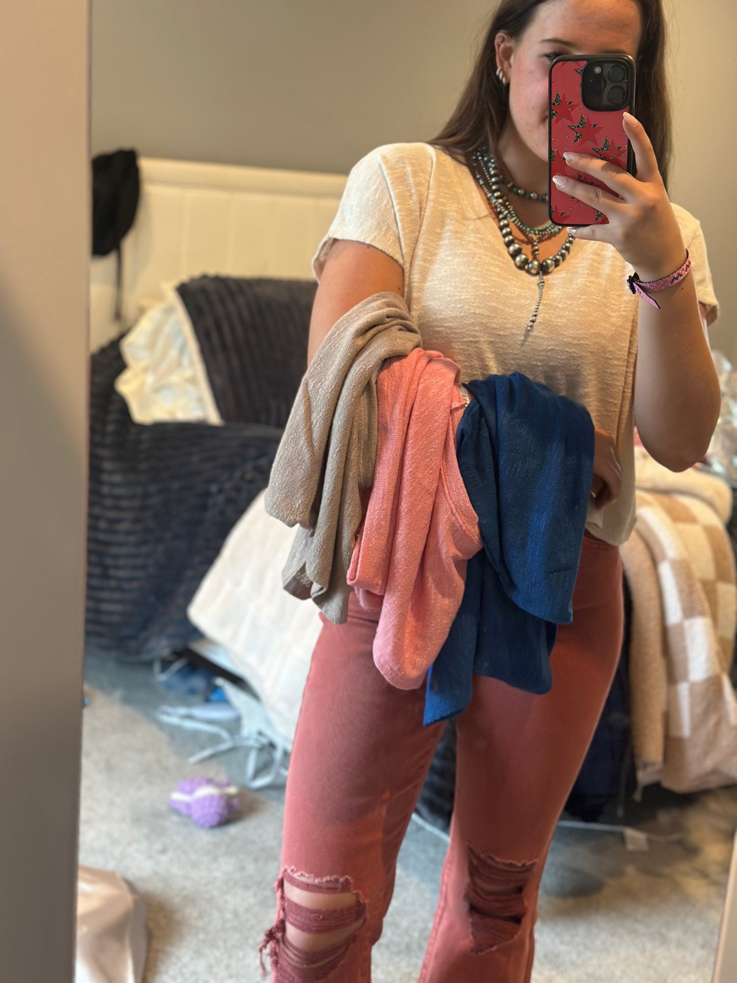 Hacci slub v-neck drop shoulder crop top