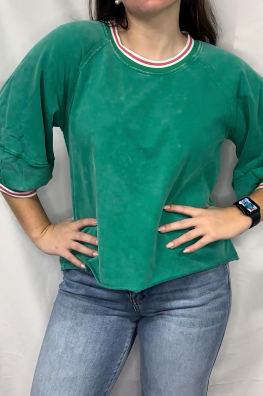 washed 3/4 sleeve top - stripe detail