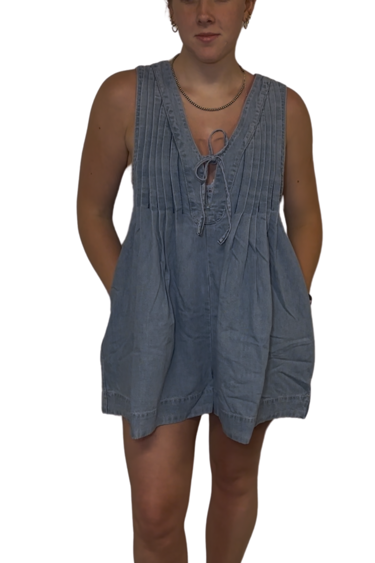 Pleated Tie Front Denim Washed Romper