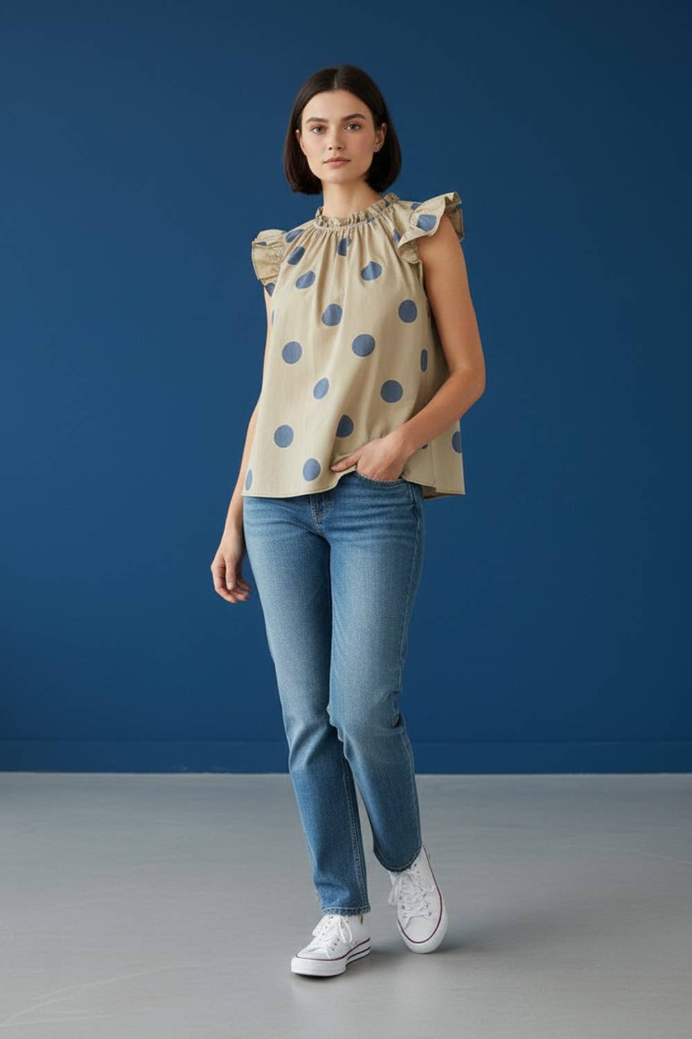Ruffled Neck & Shoulder Polka Dot Blouse Top