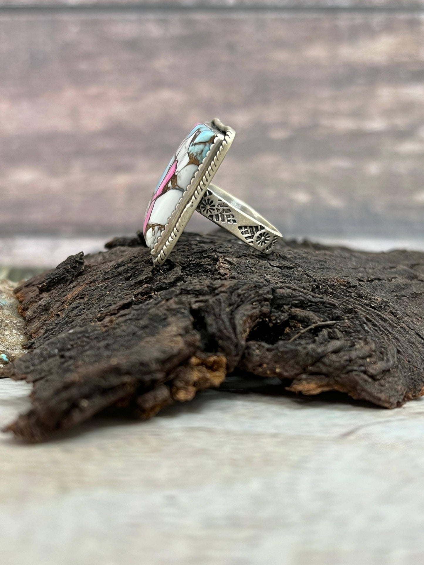 Handmade Sterling Silver Cotton Candy Turquoise Adjustable Ring with Signed Nizhoni