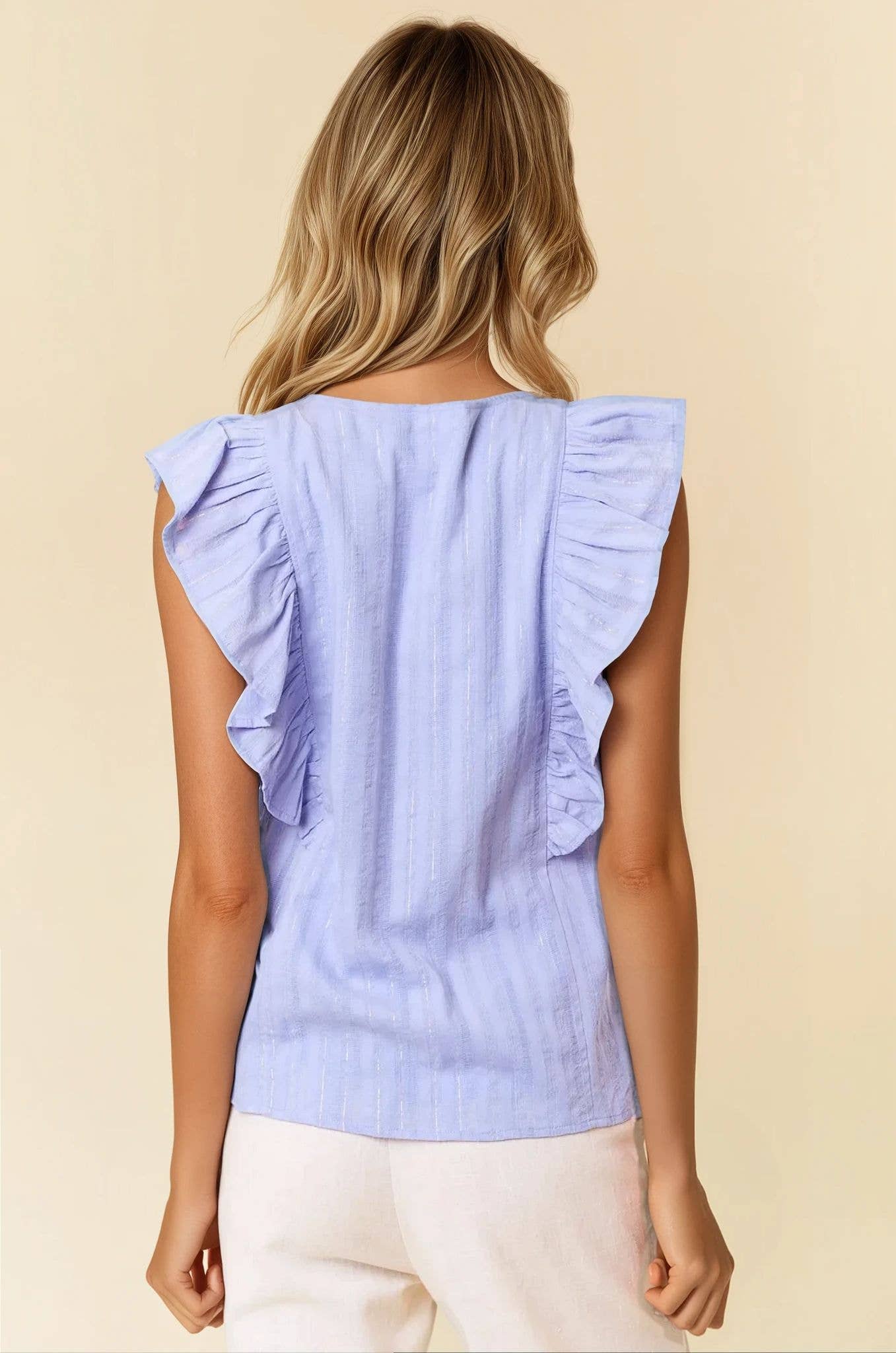 Lurex Striped Split V-Neck Sleeve Top - 44420T