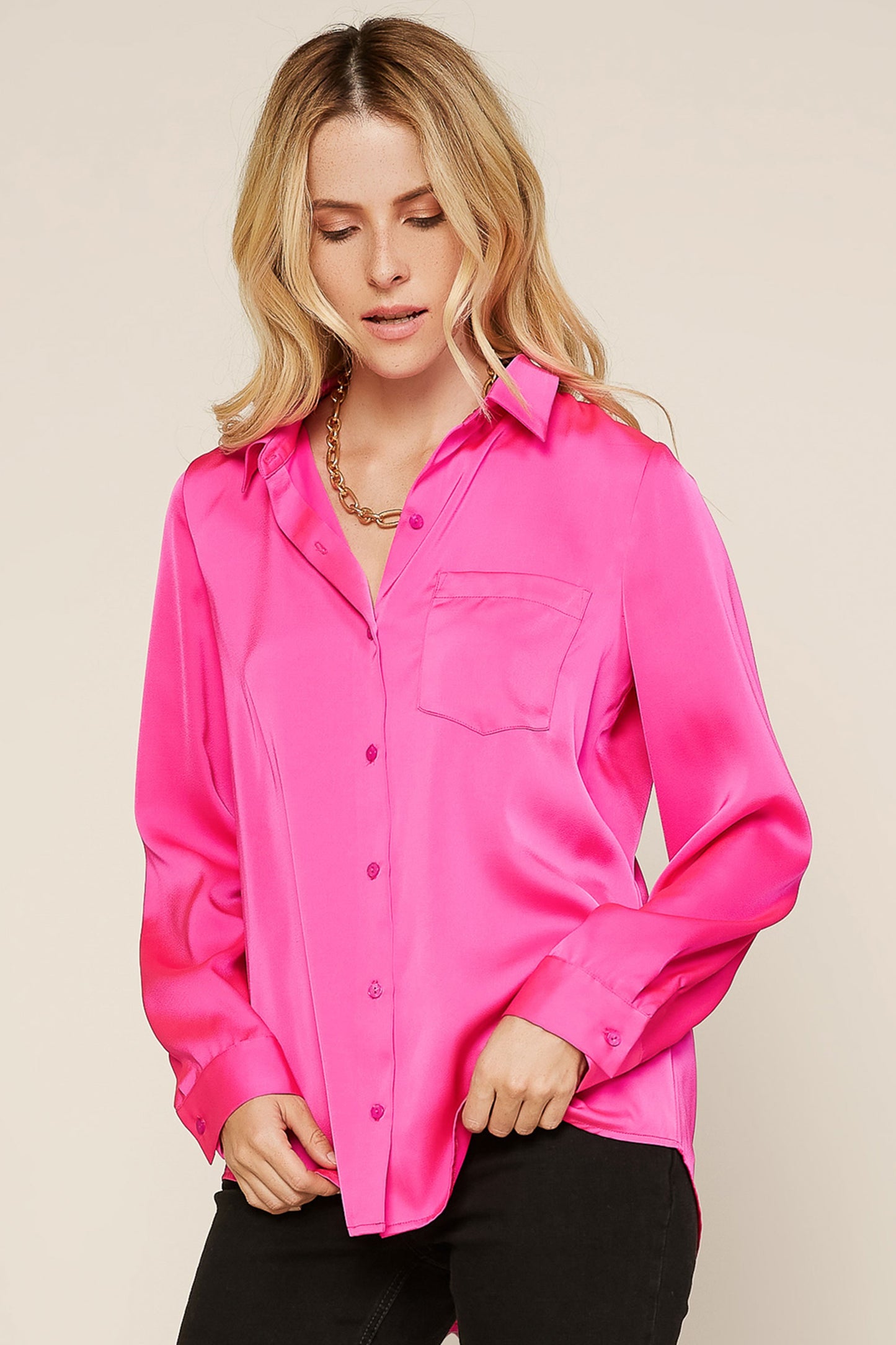 LONG SLEEVE SATIN BUTTON DOWN SHIRT WITH POCKET *6colors