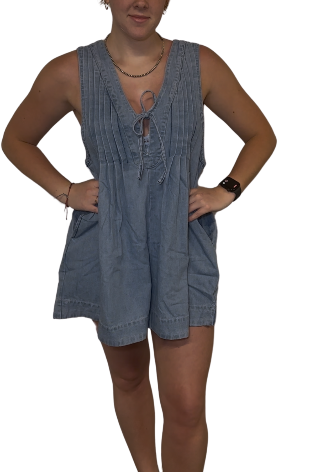 Pleated Tie Front Denim Washed Romper