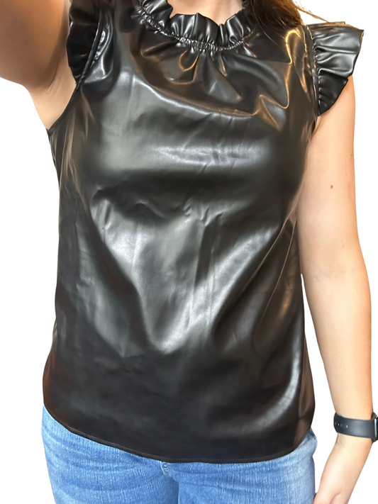 Black PU Leather Frilly Ruffle Trim Blouse