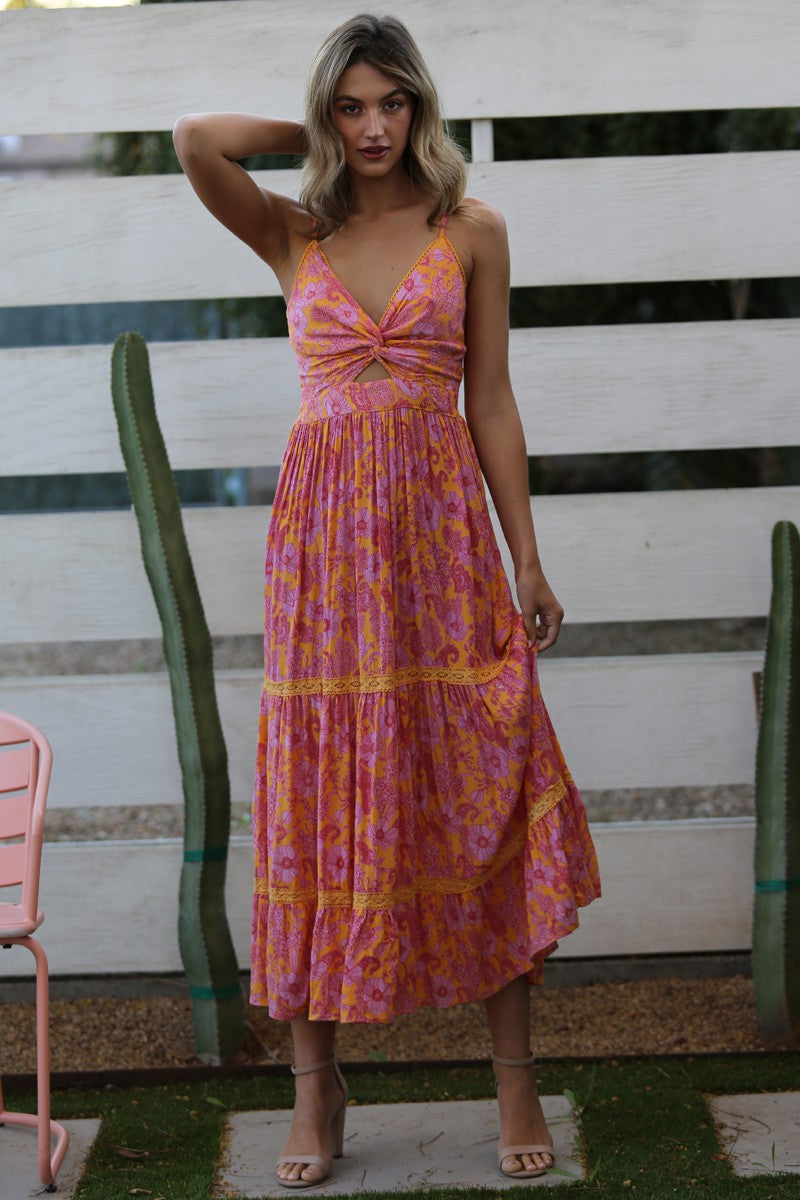 Marigold  floral cut out maxi dress