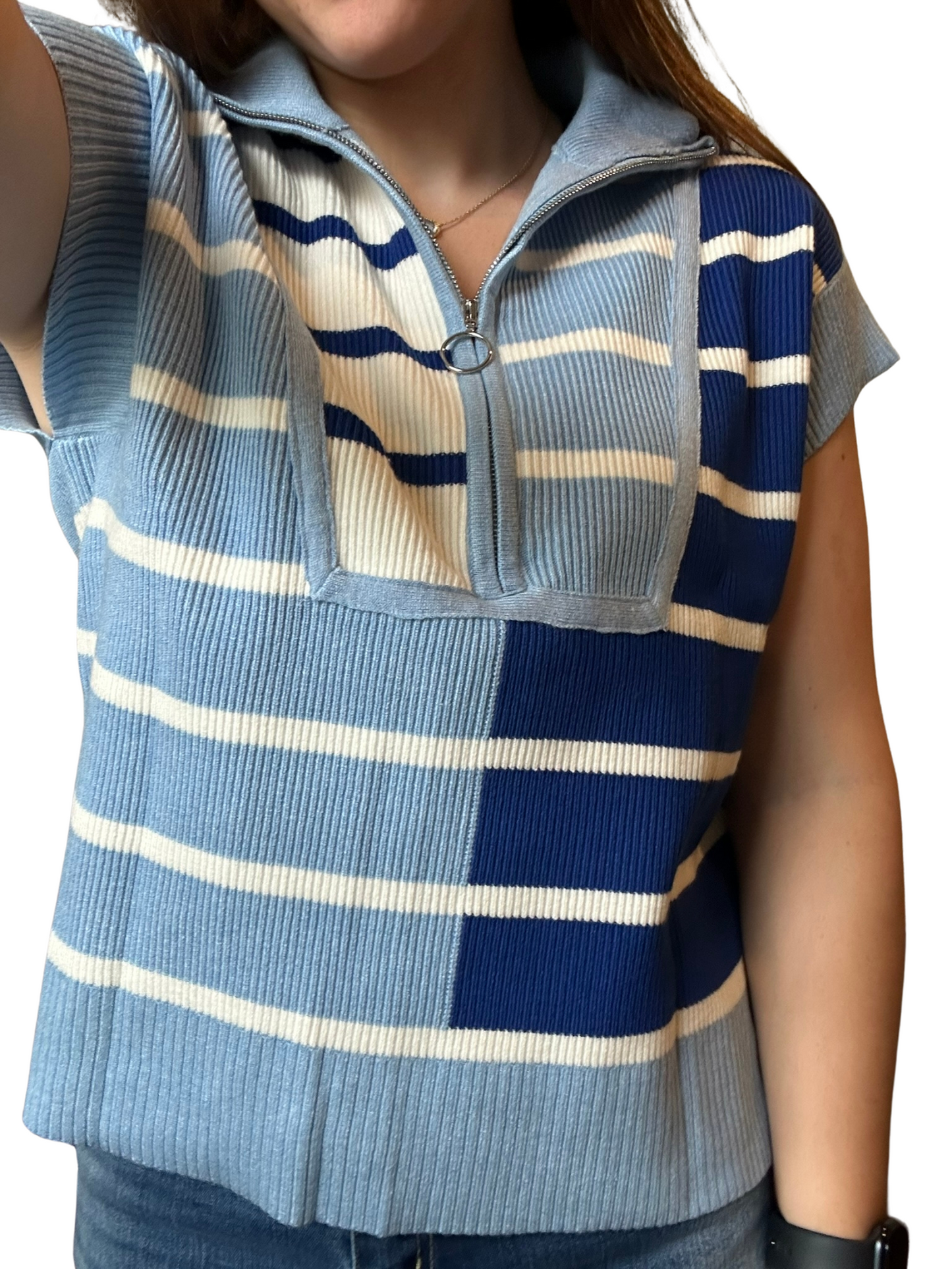 Sky Blue Stripe Colorblock Quarter Zip Collar Sweater Vest