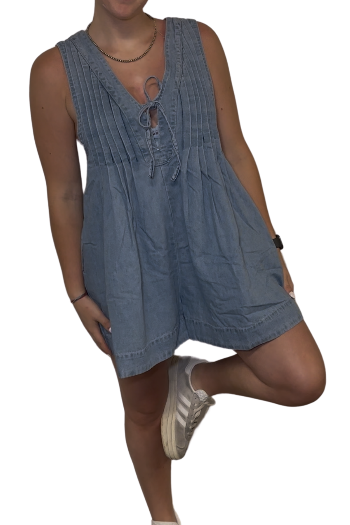 Pleated Tie Front Denim Washed Romper