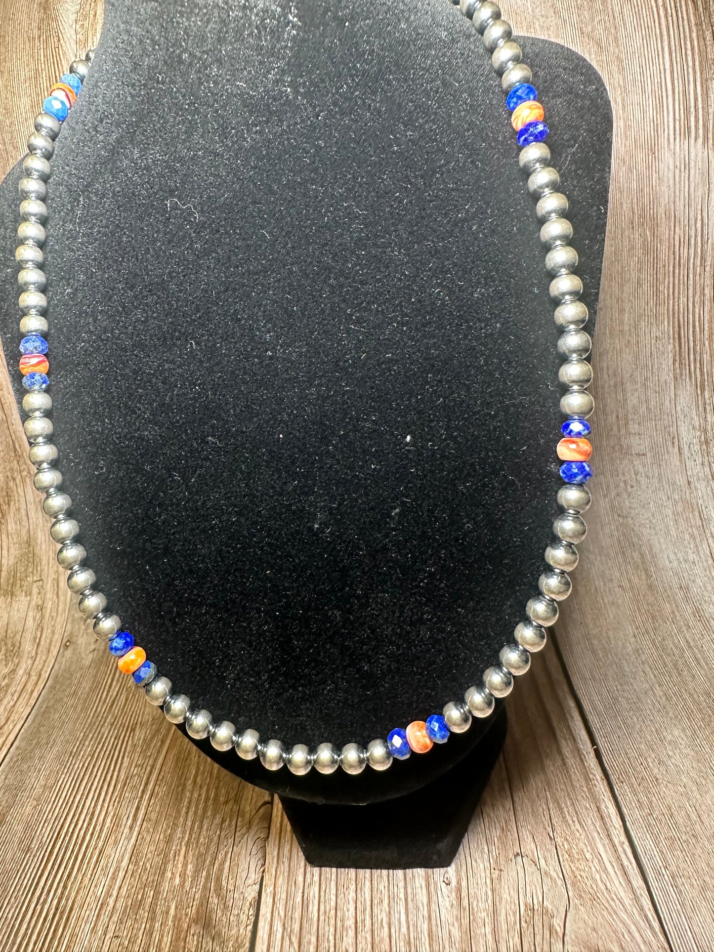 18 inch 6 mm Sterling Silver Pearls necklace lapis and spiny