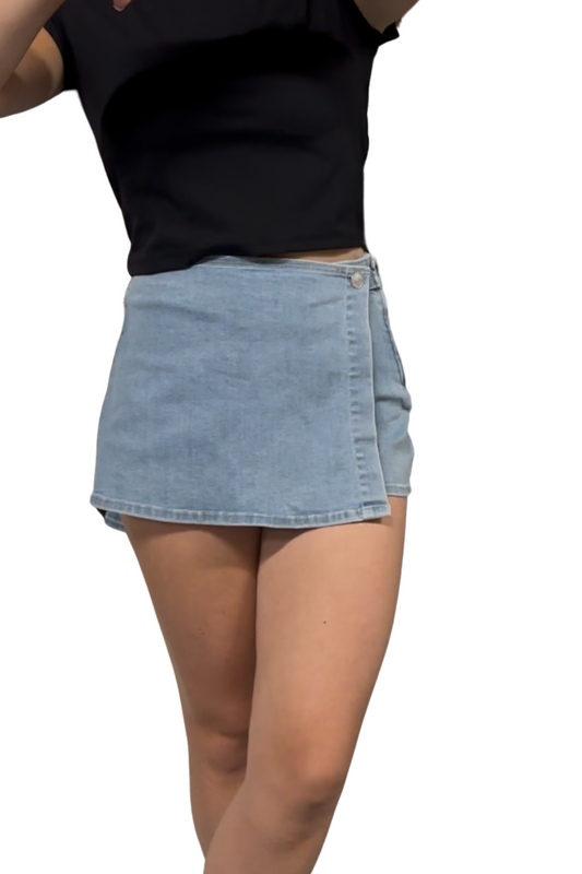 Wrap front denim skort