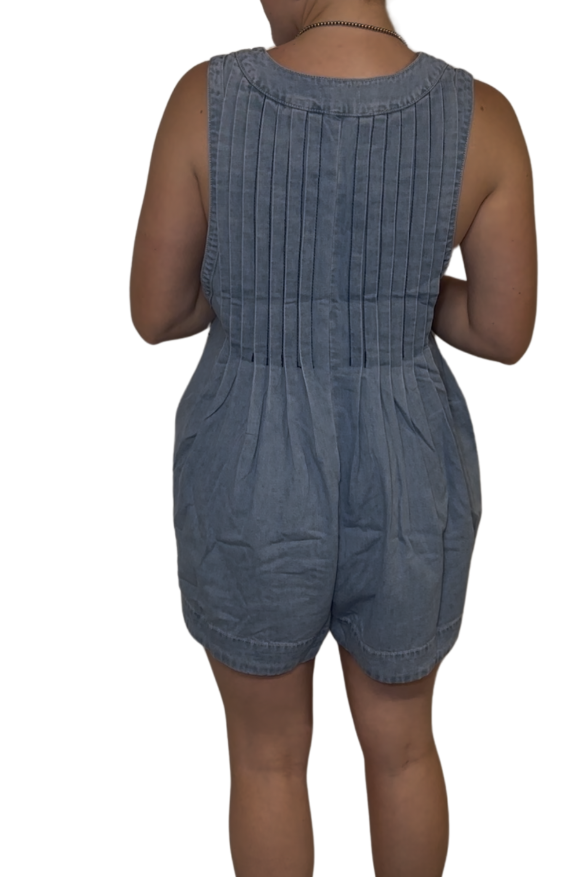 Pleated Tie Front Denim Washed Romper