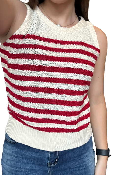 Red Stripe Textured Knit Ribbed Hem Sweater Tank Top