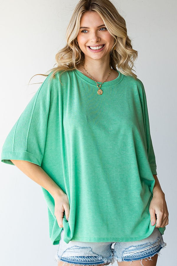 Solid Color Dolman Sleeve Relaxed Fit Top  - Green