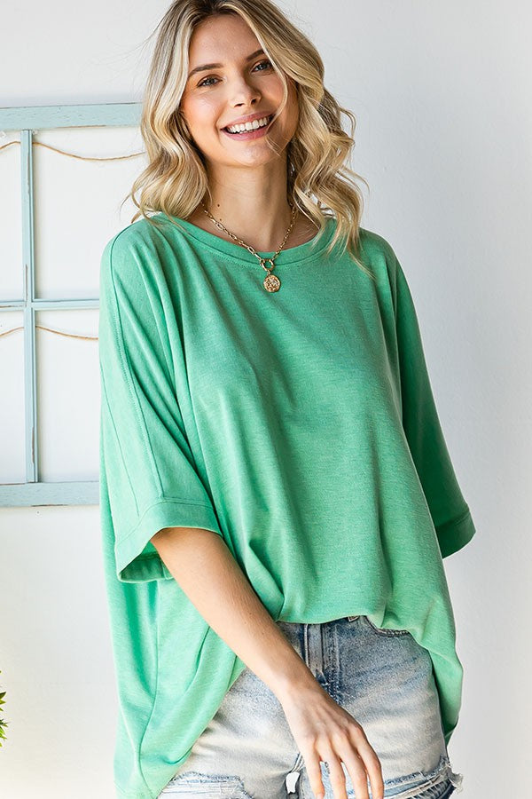 Solid Color Dolman Sleeve Relaxed Fit Top  - Green