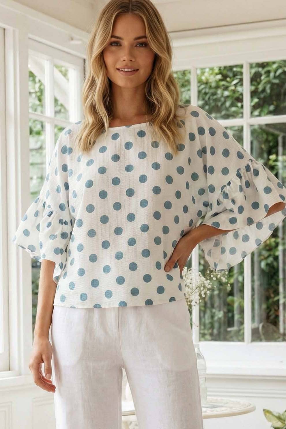 Polka Dot Wild Ruffle Sleeve Flowy Blouse Top VT83104D