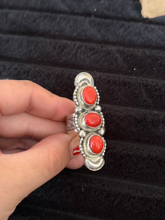 Navajo Handmade Red Coral Adjustable Ring - Tillie John