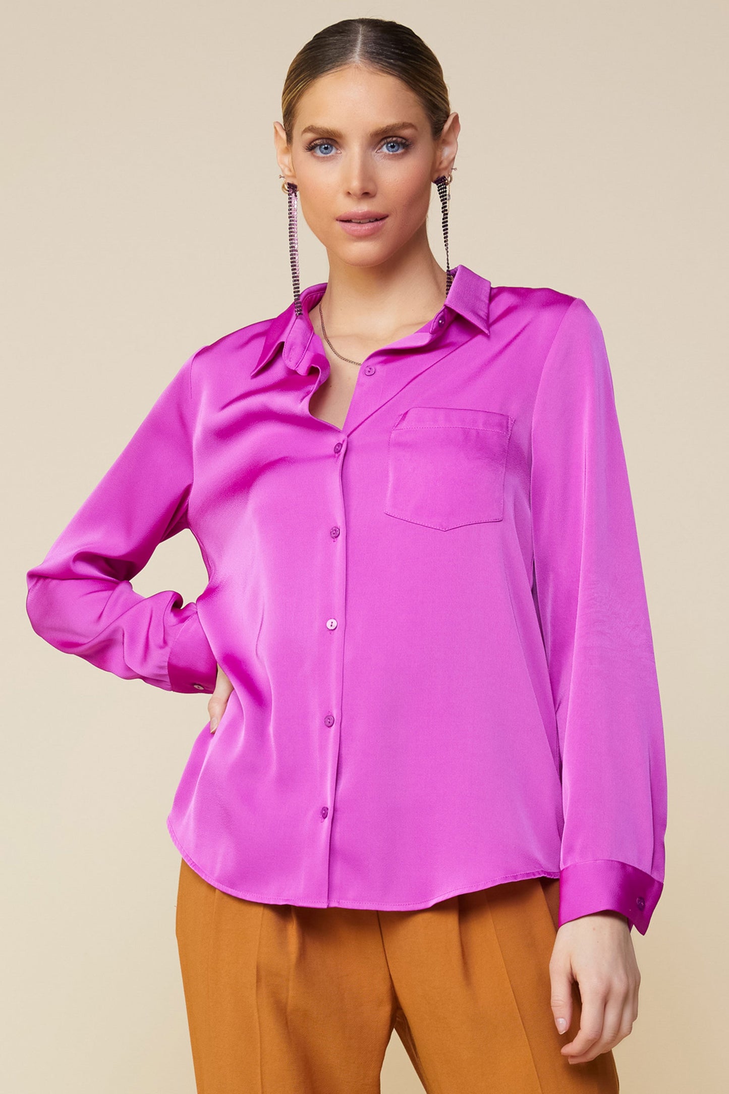 LONG SLEEVE SATIN BUTTON DOWN SHIRT WITH POCKET *6colors