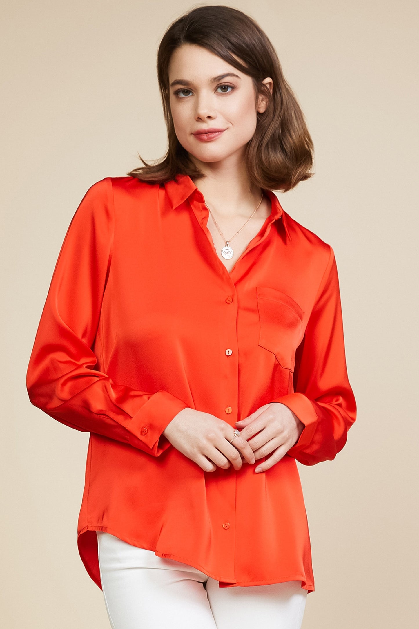 LONG SLEEVE SATIN BUTTON DOWN SHIRT WITH POCKET *6colors