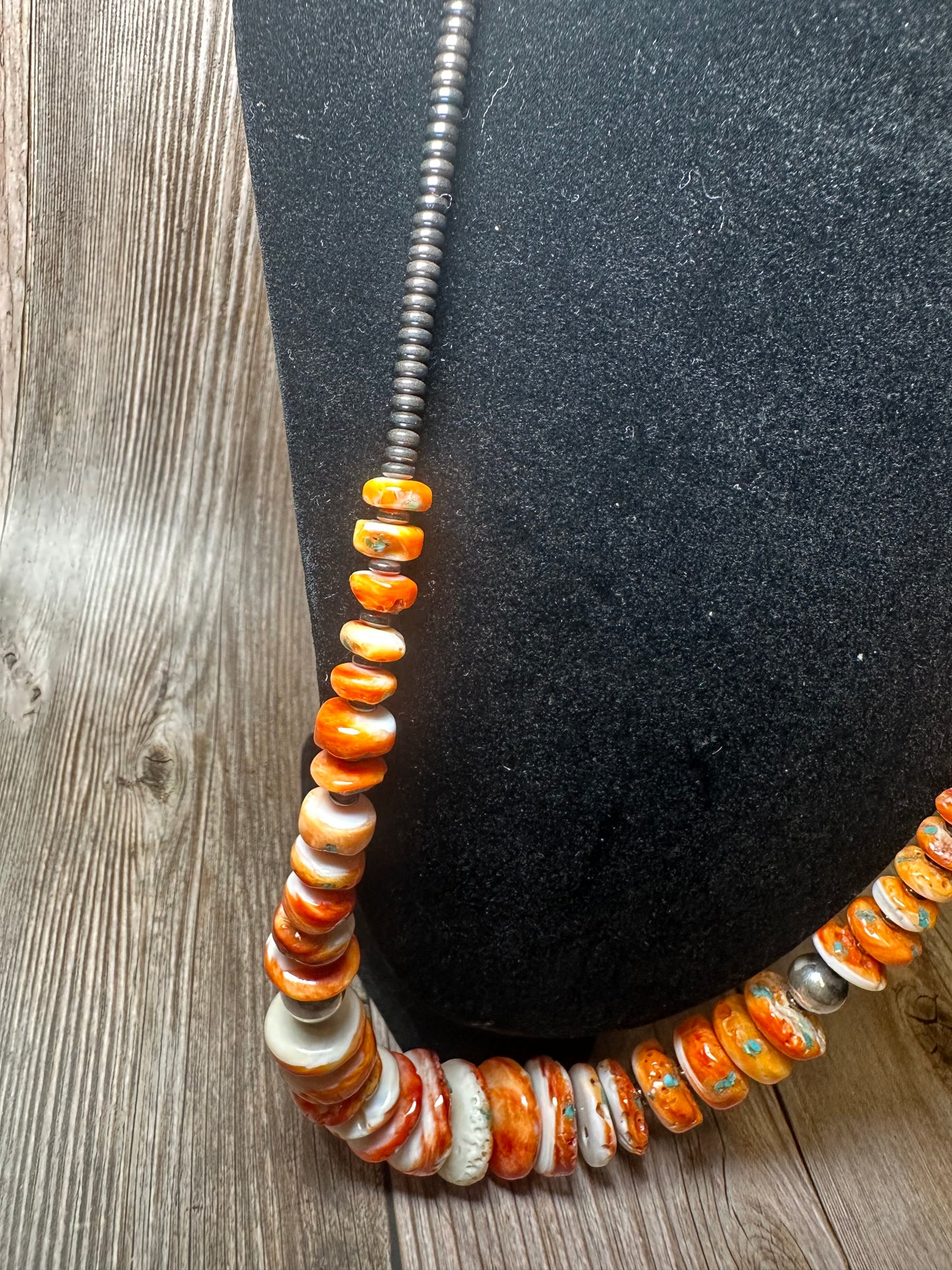 22 Inch orange spiny, turquoise and sterling silver pearls