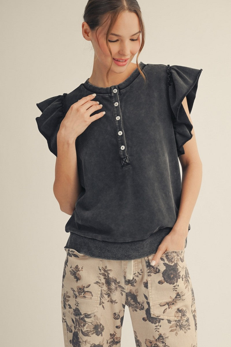 Raw Cut Edge Flutter Sleeve Washed Top