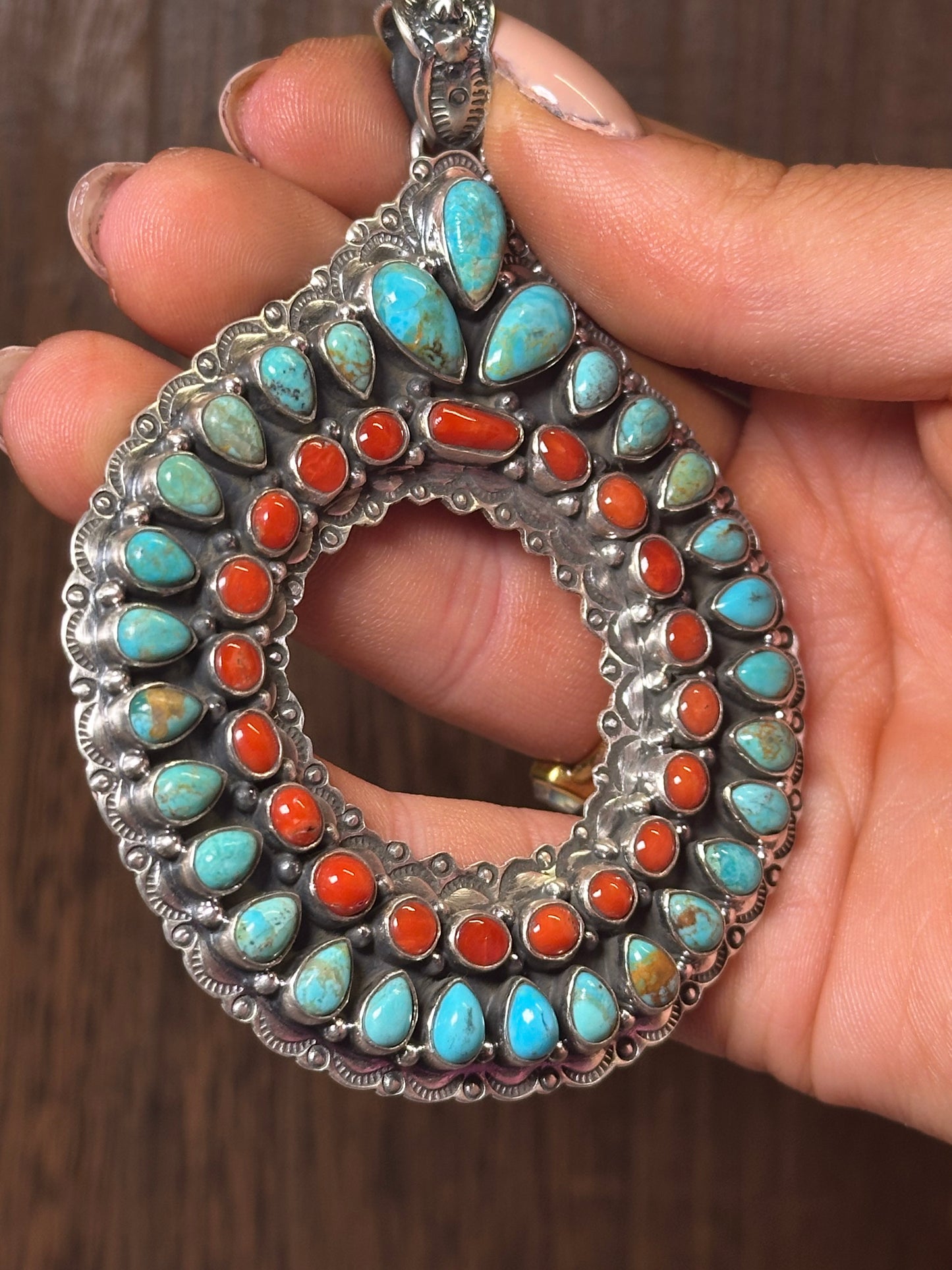 Handmade Sterling Silver, Coral & Kingman Turquoise Christmas Wreath Pendant