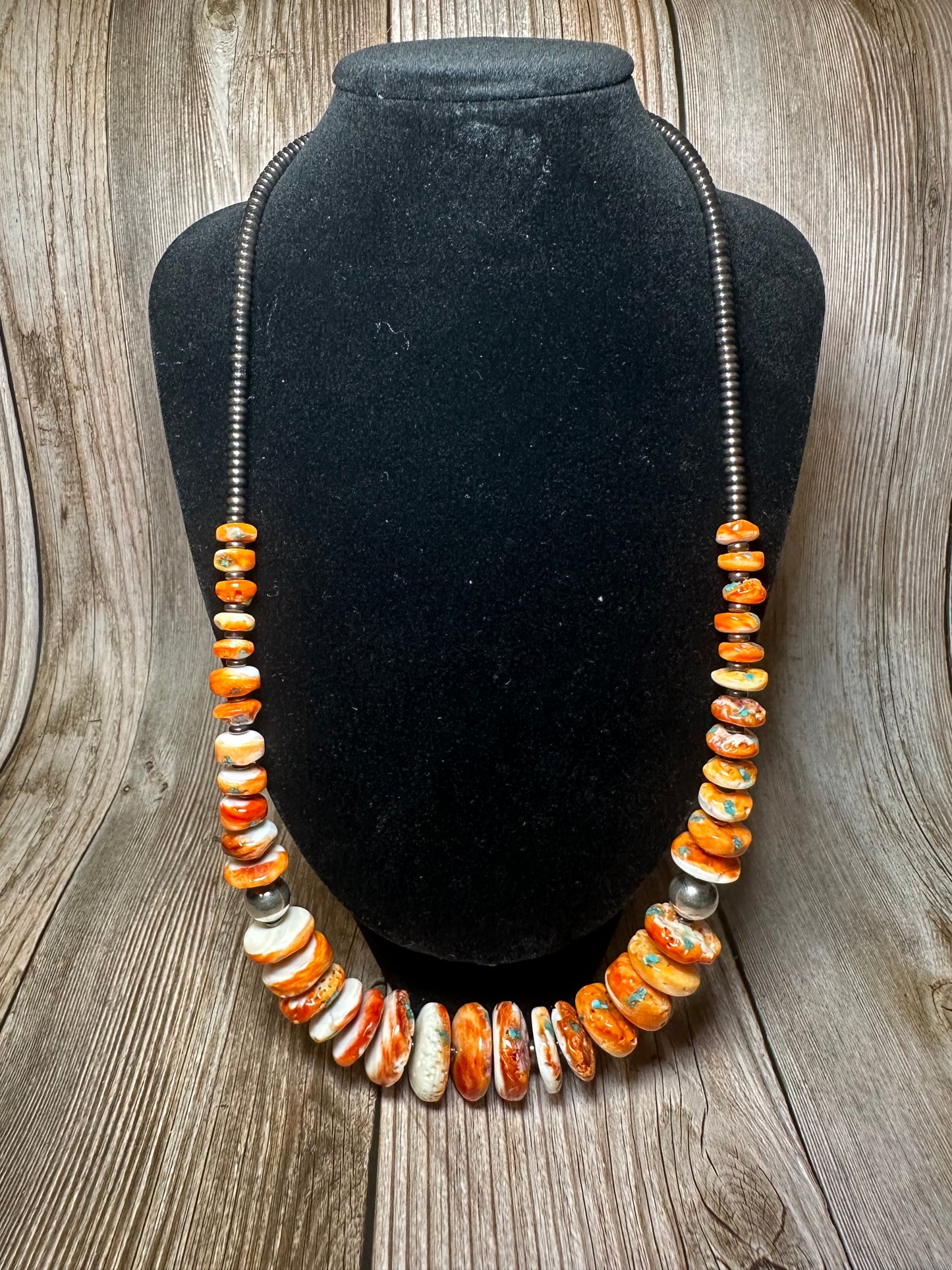 22 Inch orange spiny, turquoise and sterling silver pearls