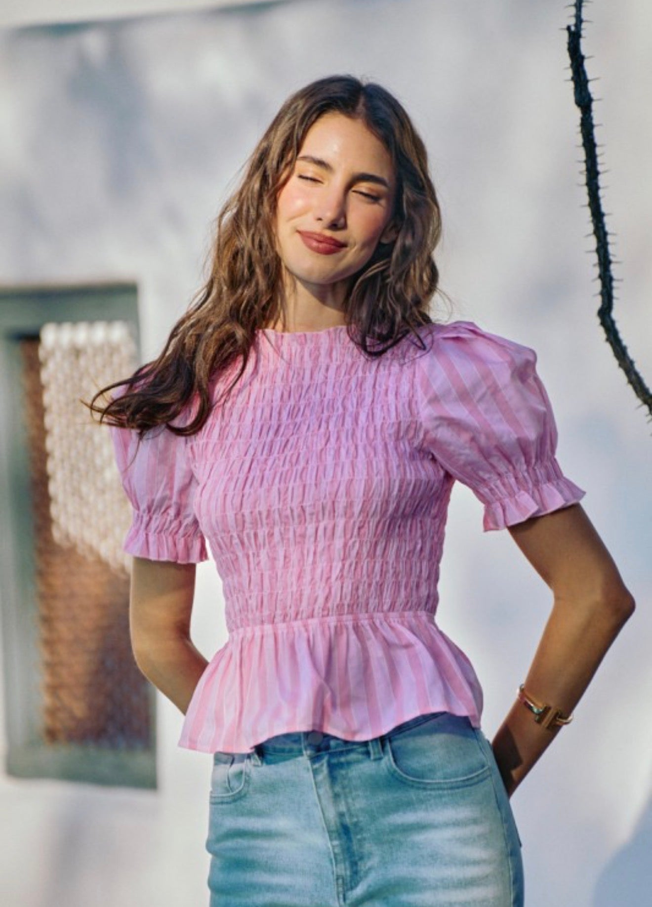 Stripe smocked puff sleeve blouse