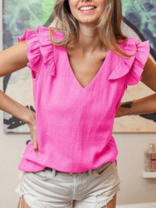 Ruffled edge wrinkled gauze v neck blouse