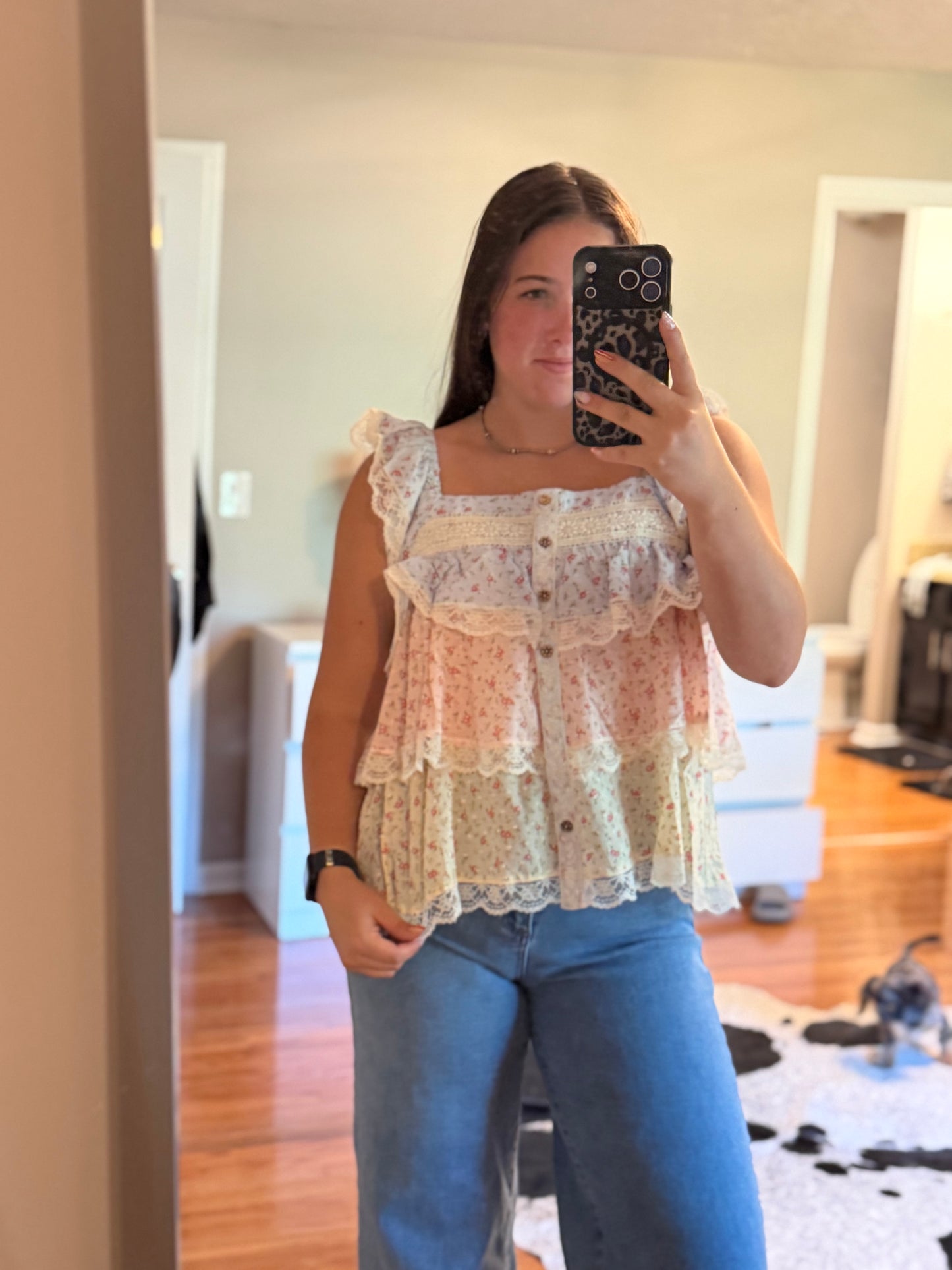 FLORAL COLOR BLOCK LACE TRIMMED RUFFLED TOP