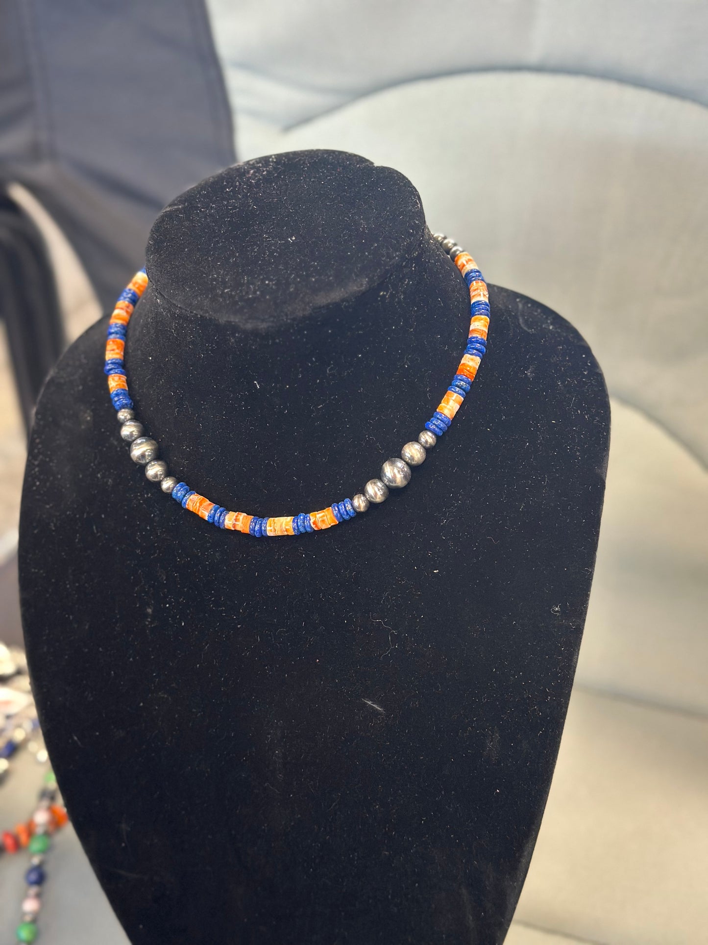 Graduated pearl x blue lapis + orange spiny necklace