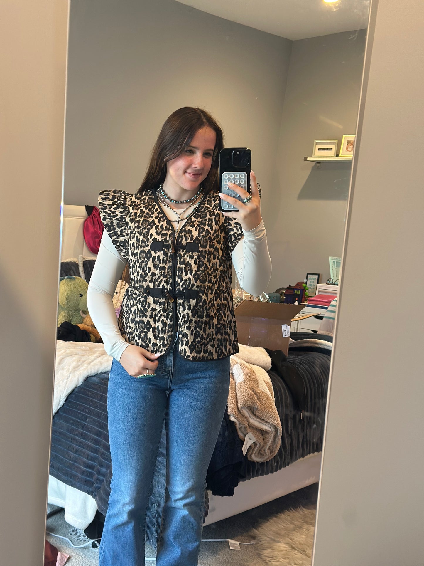 Ruffled Shoulder Leopard Puffer Vest