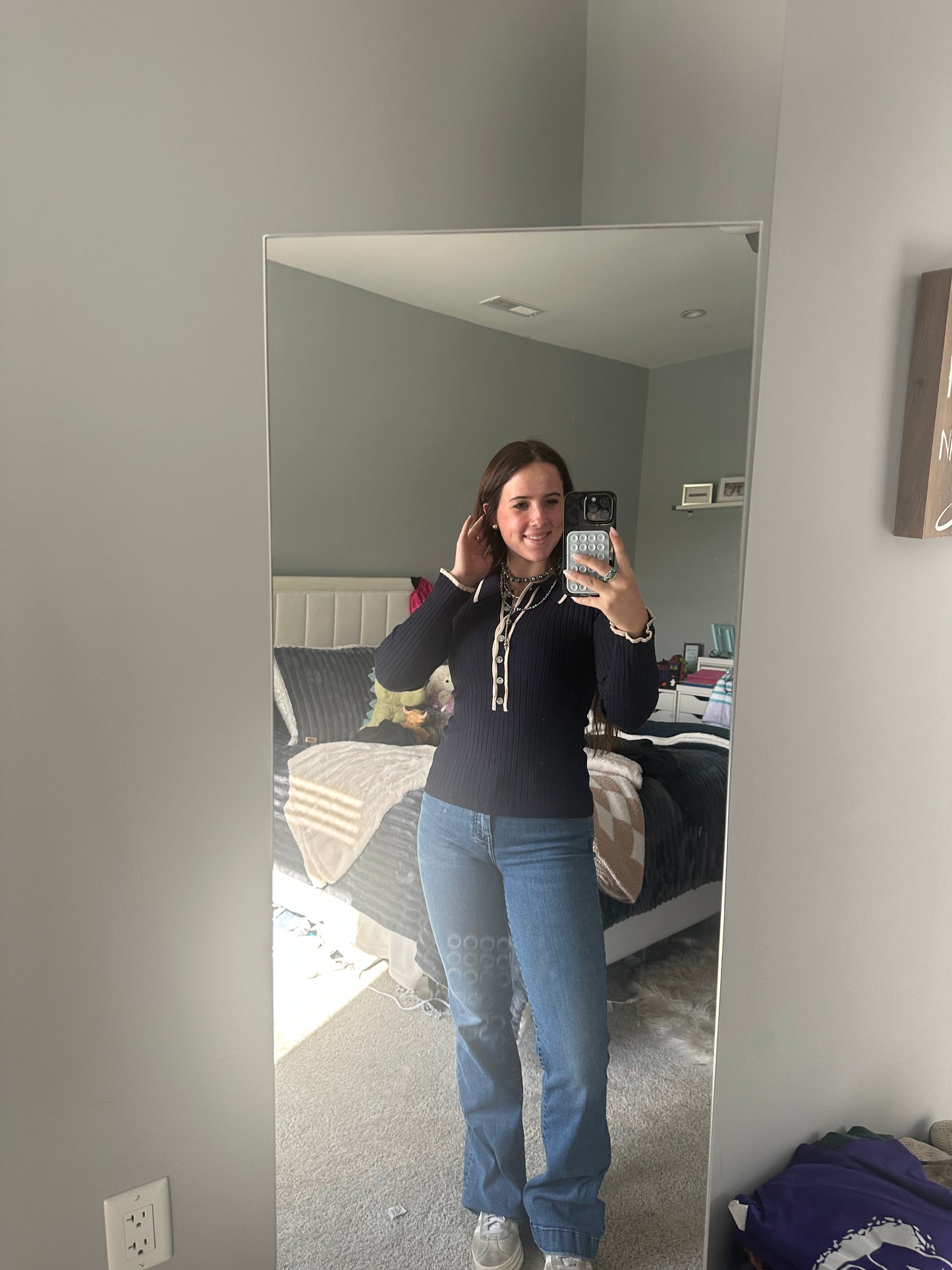 Solid ribbed long sleeve collared knit top