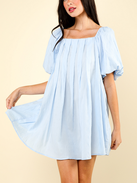 Puff Sleeve Pleated Mini Dress - Blue