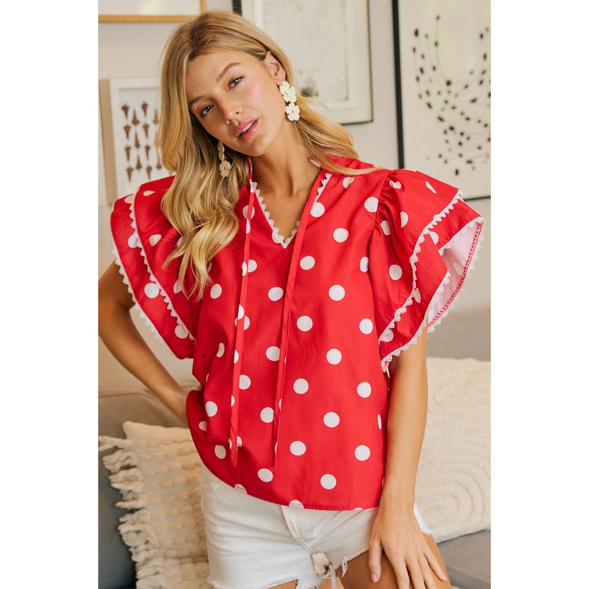 POLKA DOT PRINTED RUFFLE TRIM EDGE BLOUSE TOP
