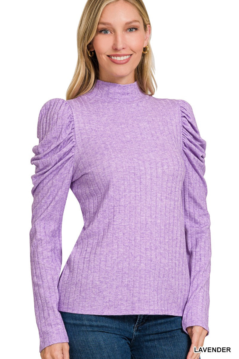 Ribbed puff long sleeve mock neck top