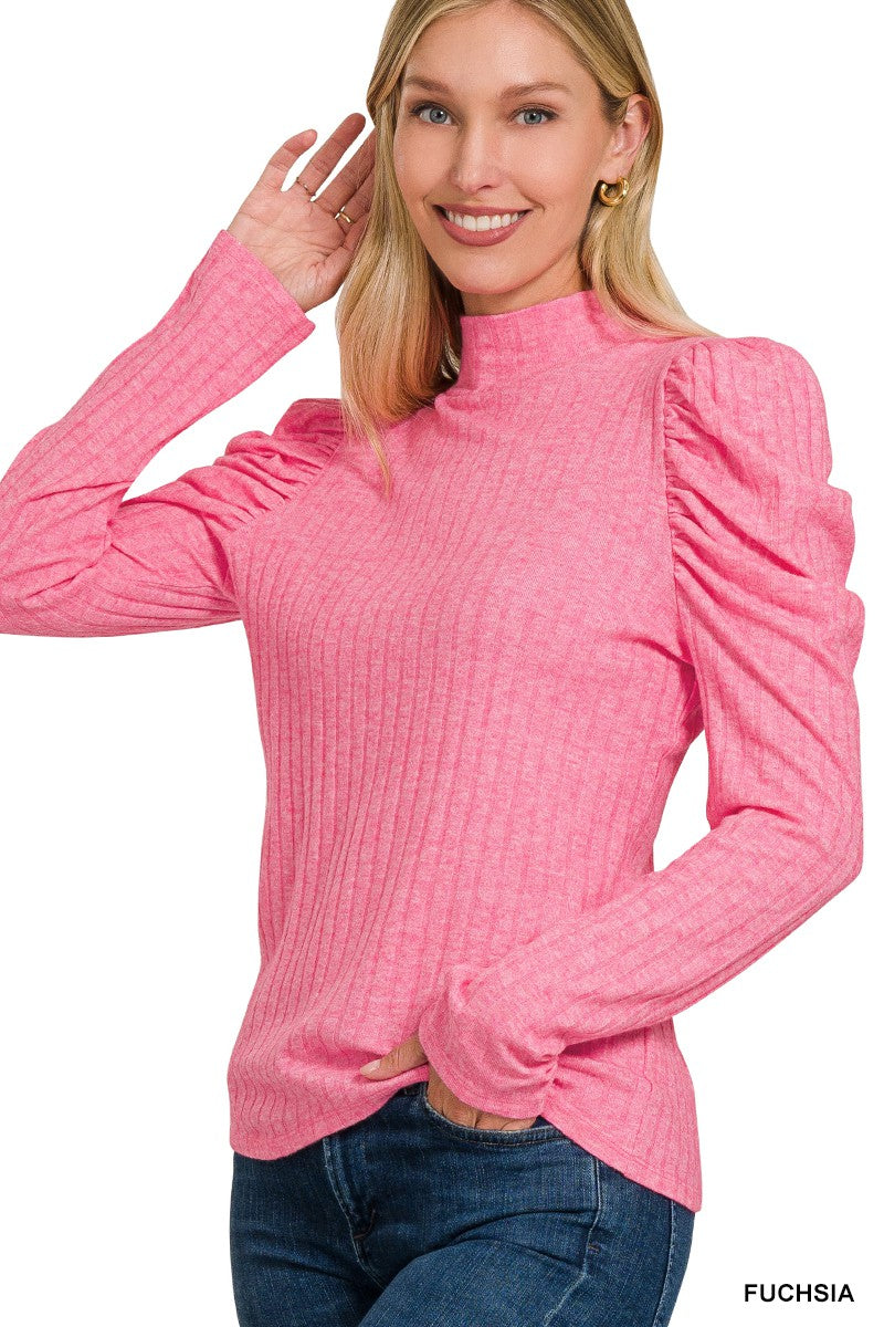 Ribbed puff long sleeve mock neck top