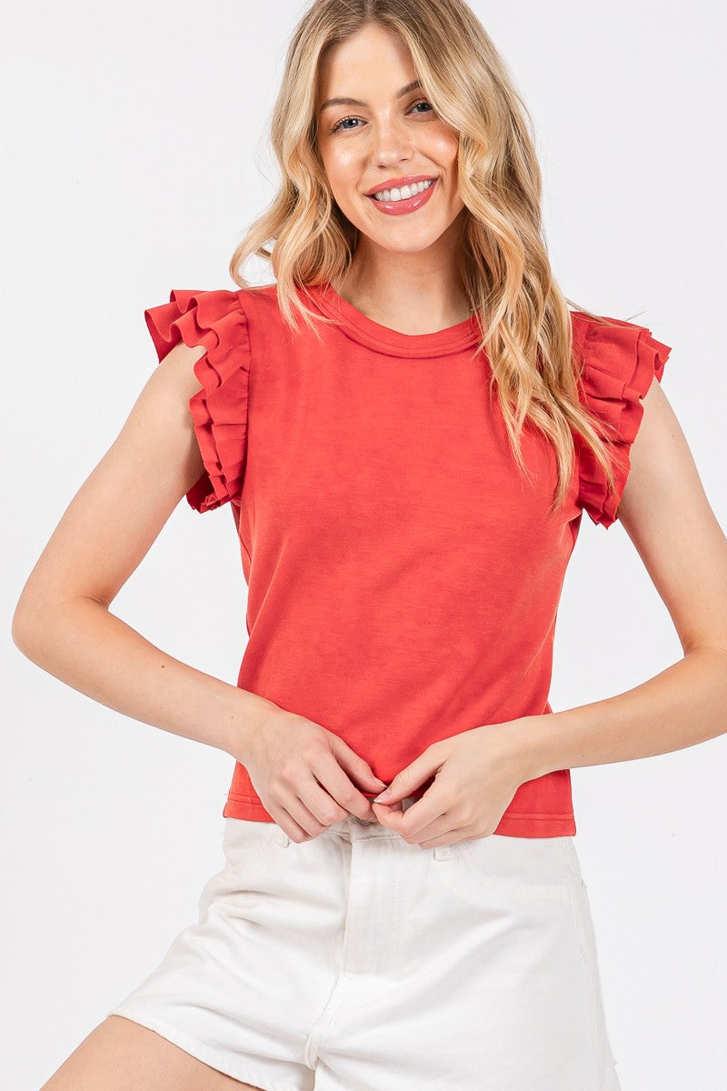 MINERAL WASHED RUFFLE SLEEVE TOP *2COLORS