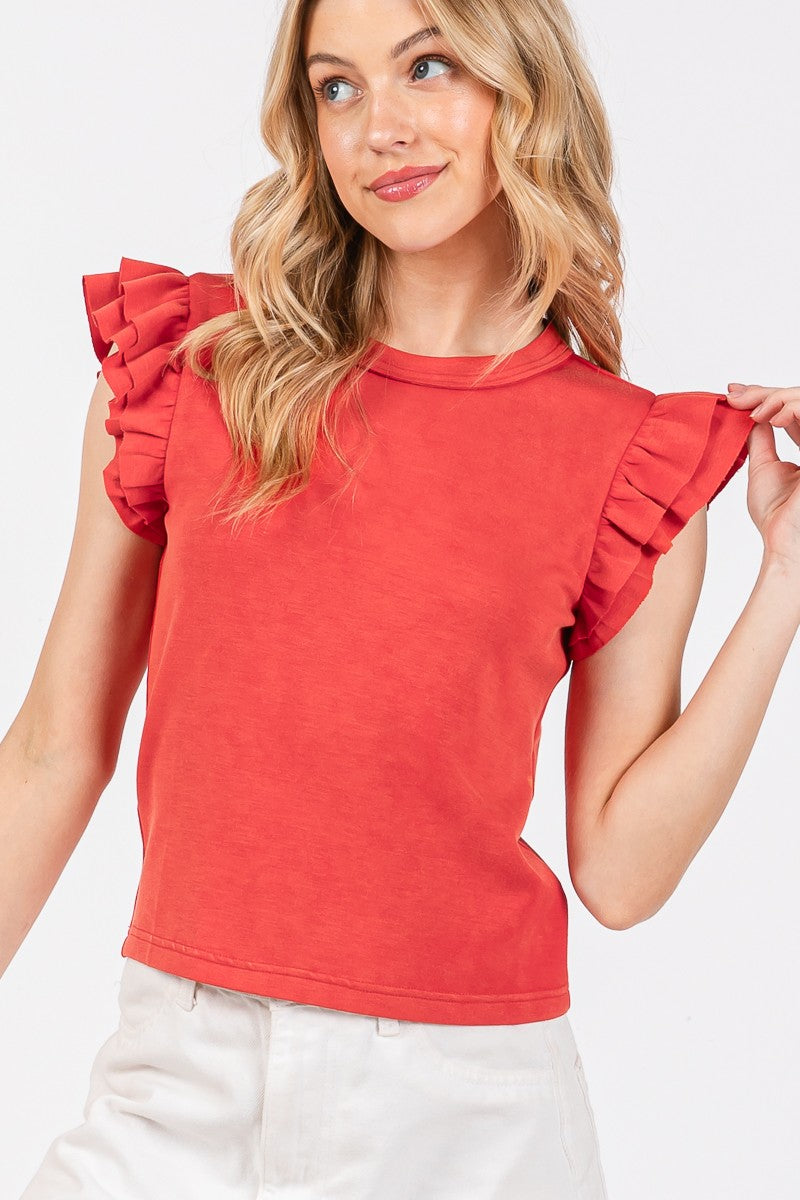 MINERAL WASHED RUFFLE SLEEVE TOP *2COLORS