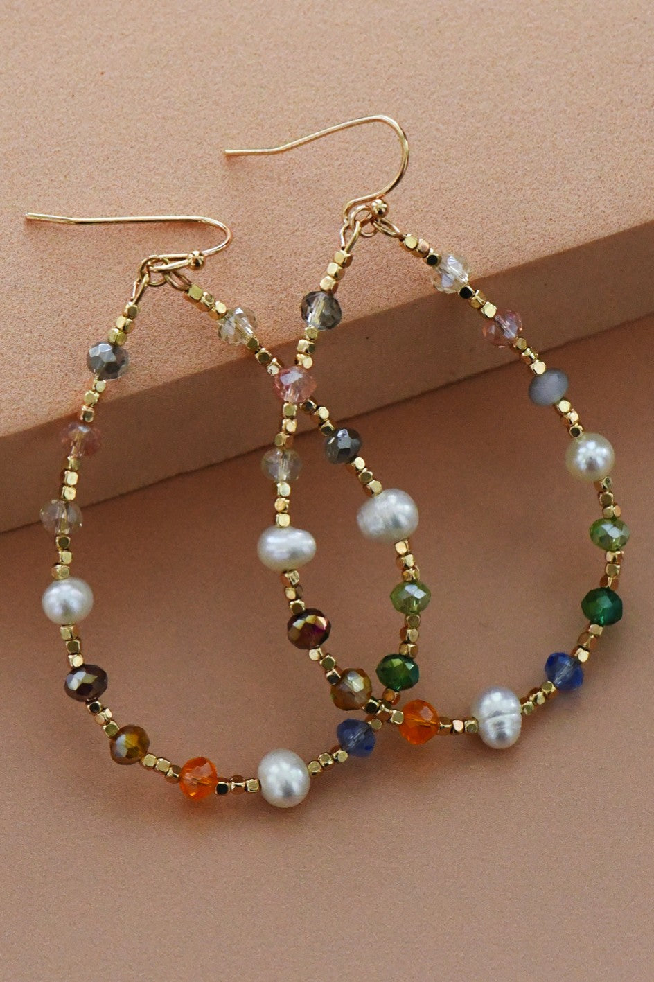 Crystal and Pearl Beaded Teardrop Wire Earrings