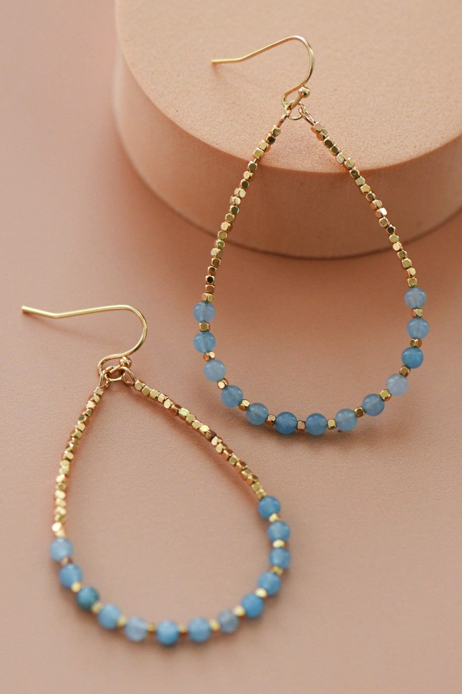 Aquamarine Stone Beaded Teardrop Wire Earrings