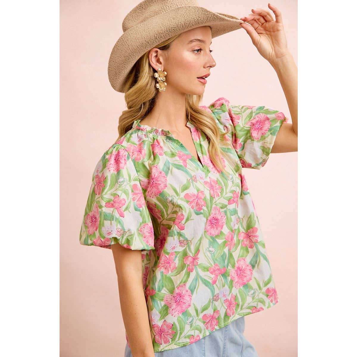 FLOWER PRINTED WOVEN RUFFLED V NECK TOP