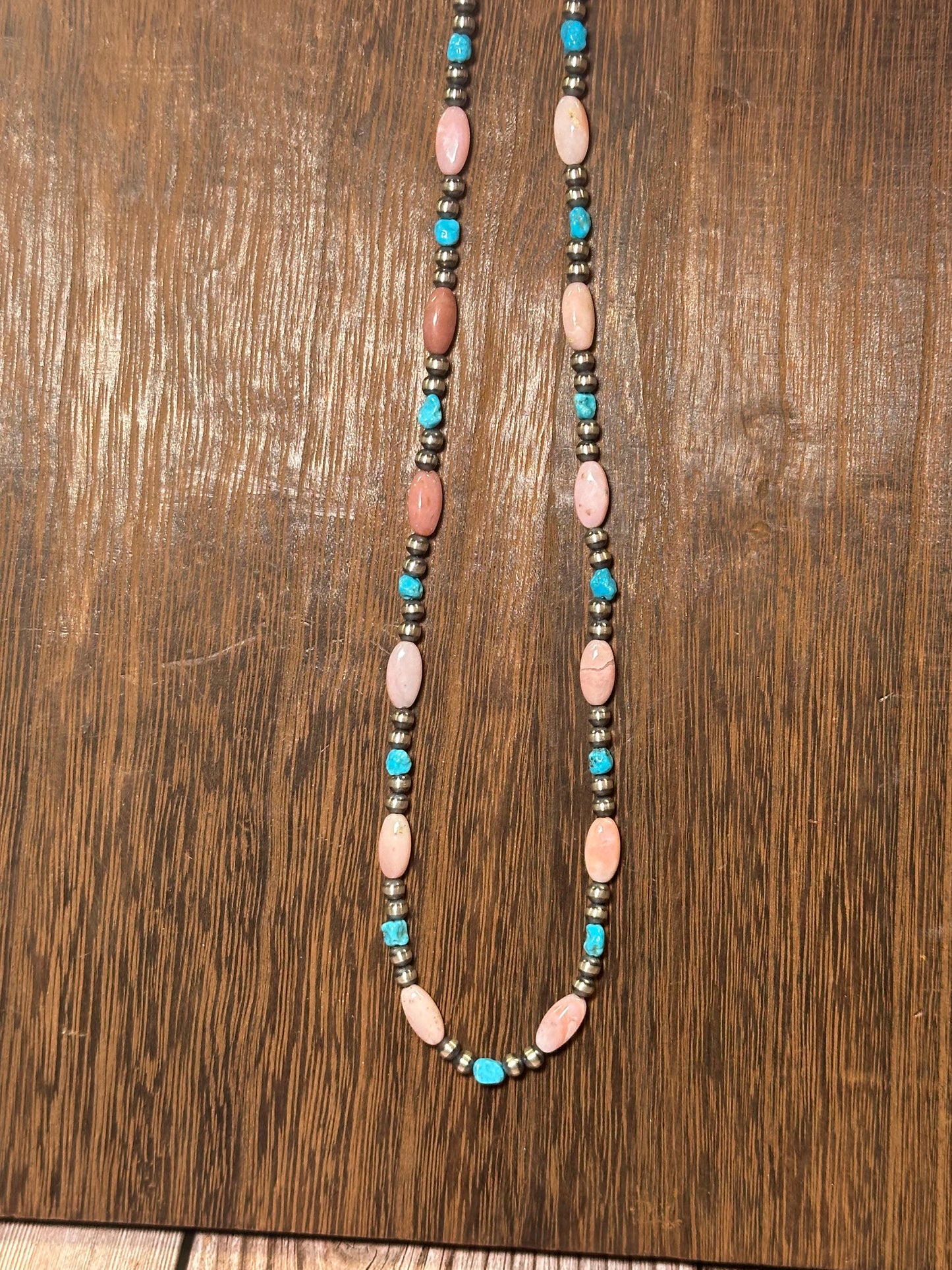 Navajo Sterling Silver Pearls with Kingman Turquoise and Pink Conch 20"