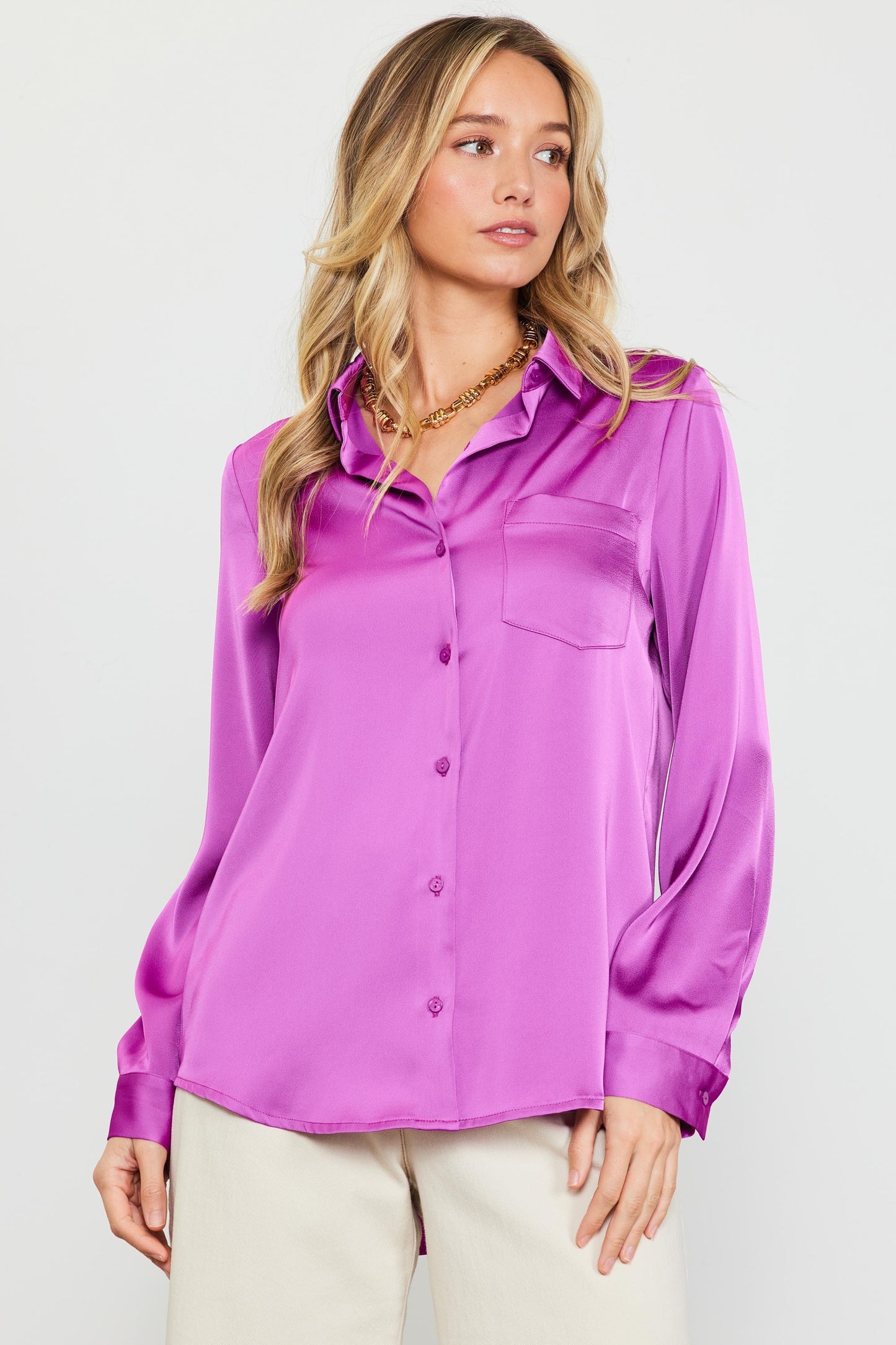 LONG SLEEVE SATIN BUTTON DOWN SHIRT WITH POCKET *6colors