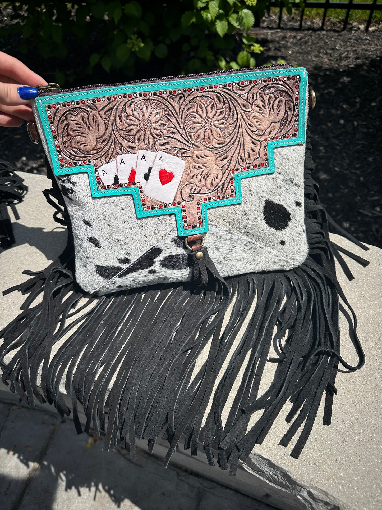 Hand Tooled Genuine Cowhide Leather Fringe Aces Cards Purse