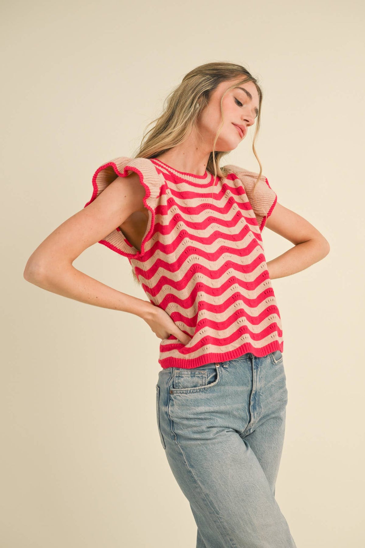 WAVY STRIPES FLUTTER SLEEVE SWEATER TOP