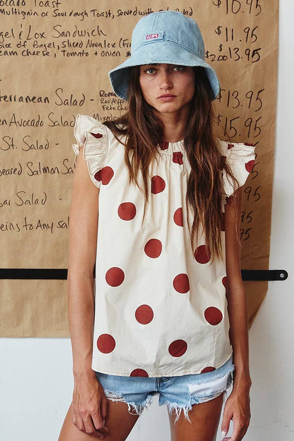 Ruffled Neck & Shoulder Polka Dot Blouse Top