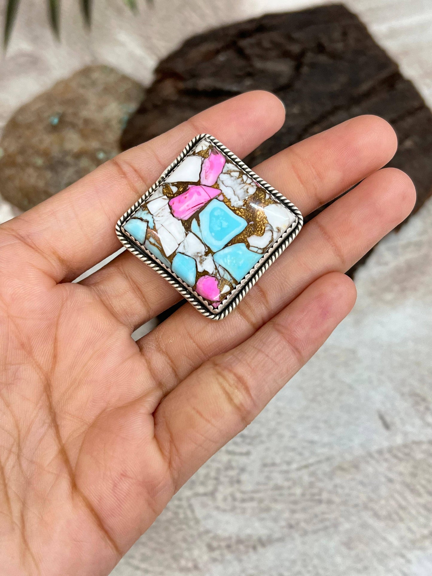 Handmade Sterling Silver Cotton Candy Turquoise Adjustable Ring with Signed Nizhoni