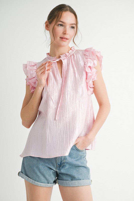 Ruffle Accent Crinkle Top